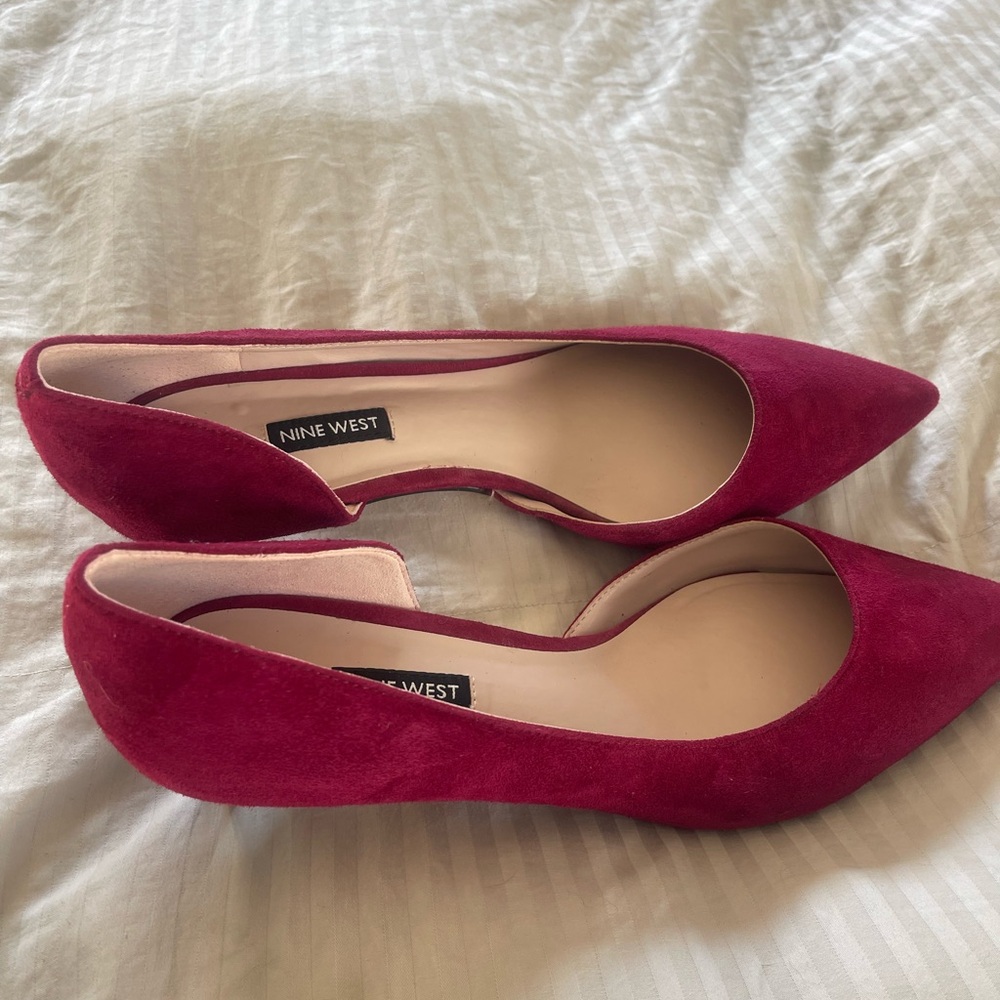 Burgundy suede small one inch heel.